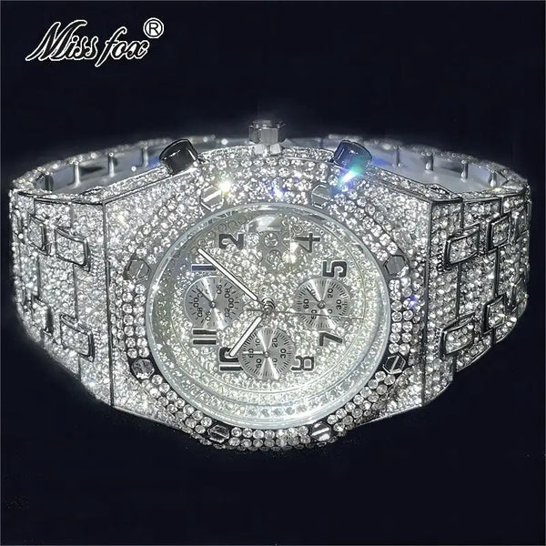 Luxury Watches Men Automatic Date Waterproof Quartz Clock Hip Hop Iced Diamond 💎