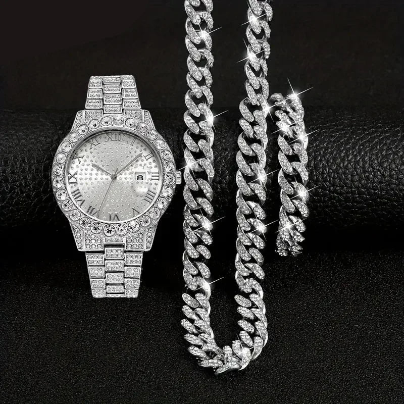 3pcs/set 15mm Necklace+Bracelet+Watch Cuban Chain Watch Iced Out Paved Rhinestone Jewelry