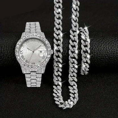 3pcs/set 15mm Necklace+Bracelet+Watch Cuban Chain Watch Iced Out Paved Rhinestone Jewelry