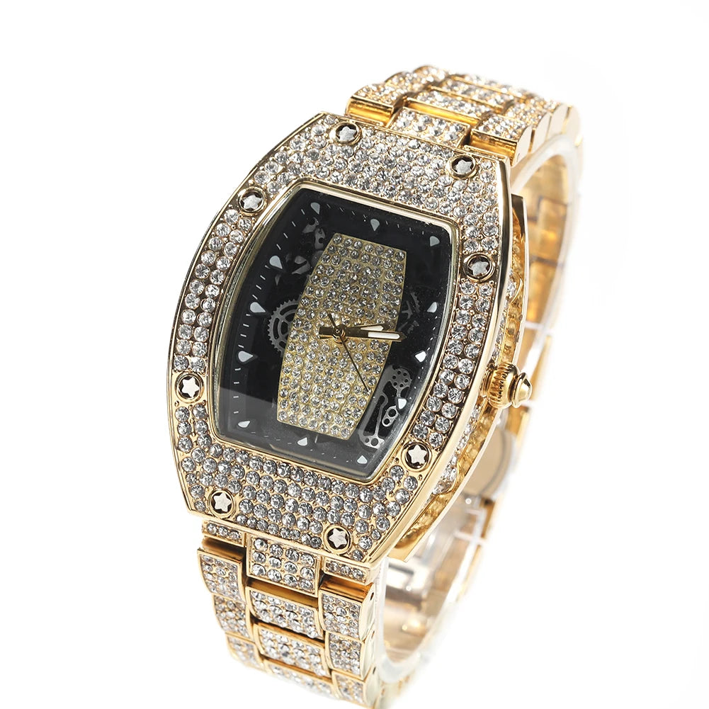 Luxury Watch For Men Black Dial Fashion Fully Iced Out Rhinestones Big Quartz ⌚️