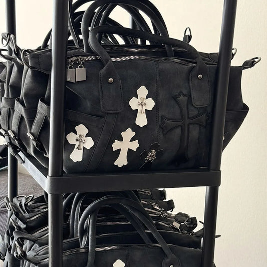 CRH Chic Black and White Patchwork Travel Bag with Roman Metal Cross ✨
