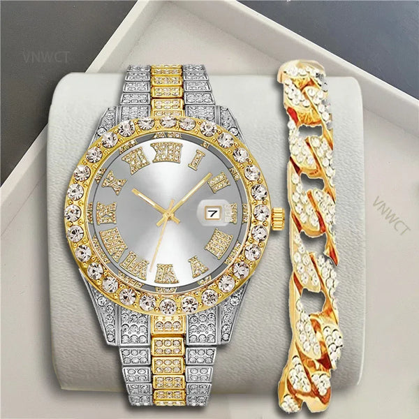 Luxury Men Watch Diamond Watch 2pcs Wrist Male Watch Rhinestone 💎