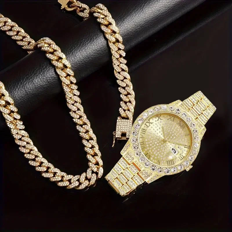 3pcs/set 15mm Necklace+Bracelet+Watch Cuban Chain Watch Iced Out Paved Rhinestone Jewelry