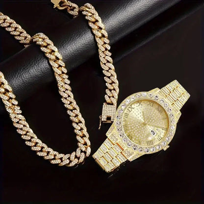 3pcs/set 15mm Necklace+Bracelet+Watch Cuban Chain Watch Iced Out Paved Rhinestone Jewelry