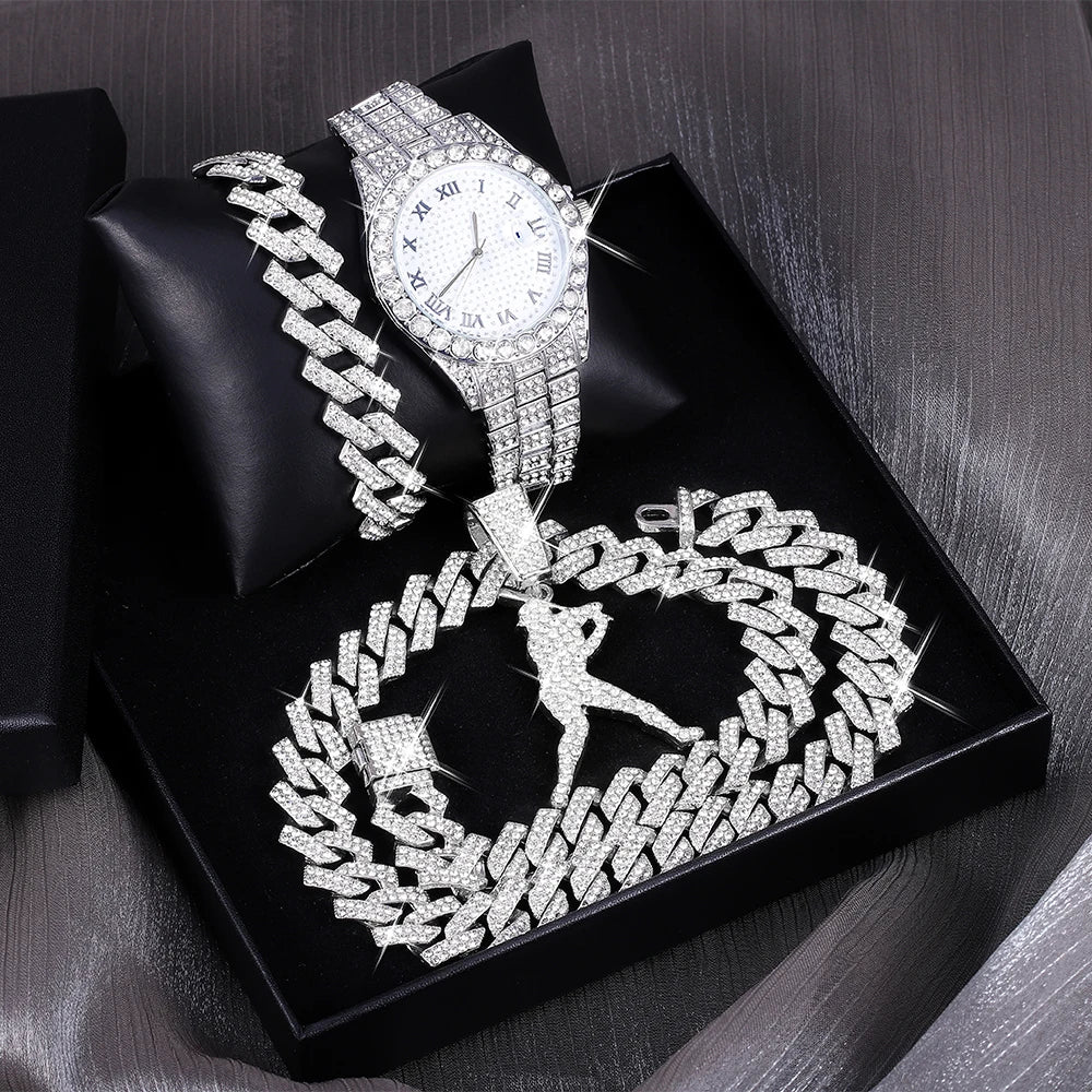 Hiphop Baseball Star Shape Pendant With Necklace Bracelet Exquisite Watch 4PCS 💎