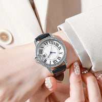 Luxury Women's Leather Strap Watch with Diamond Inlay, Water Diamond Wine Barrel ⌚️