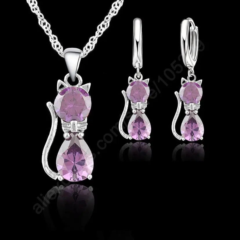 925 Silver  Cute Cat Shaped Necklace Hoop Earring Set 💎