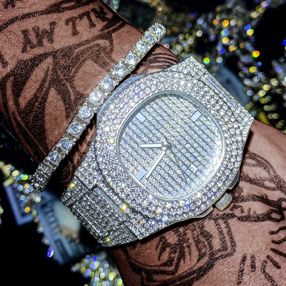 Luxury Iced Out Watches Bracelet Set Gold Silver Color Full Rhinestone 💎