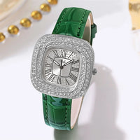 Luxury Square Ladies Full Star Diamonds Quartz Watch Casual Green Leather 💎