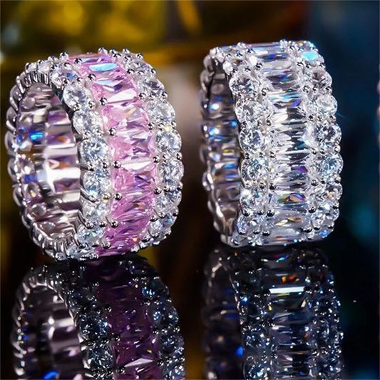 - Luxury Pink White Zircon Wheel Rings For Women Silver Color 💍