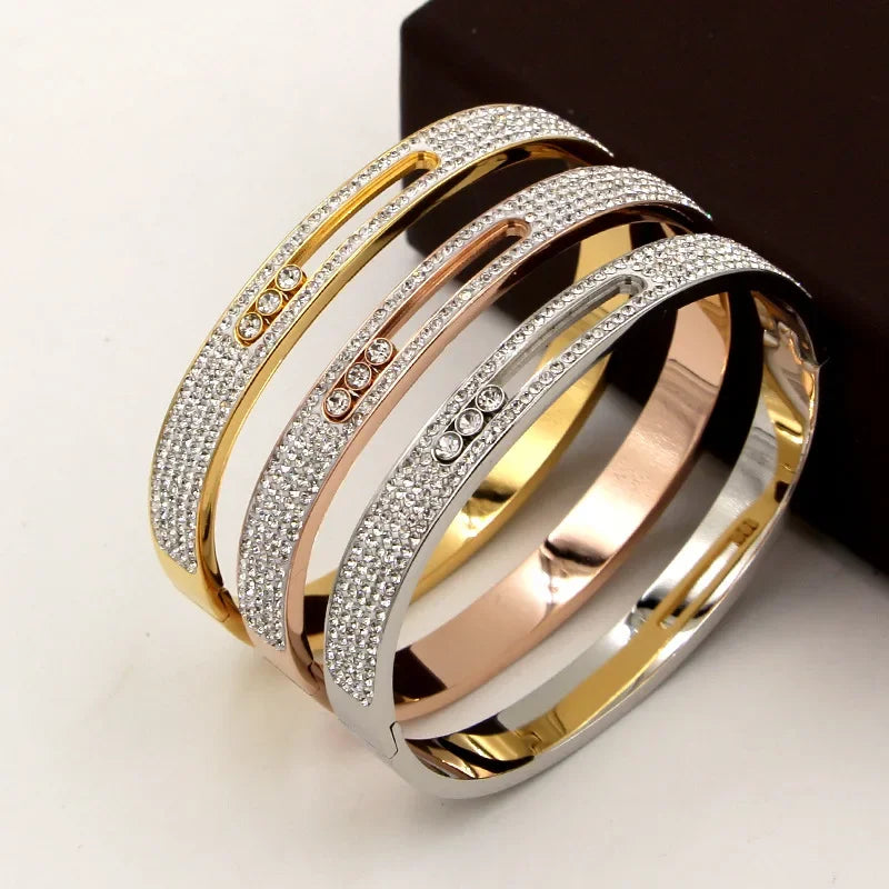 Luxury Brand Stainless Steel Slide Lover Bangles Full Crystal Stone Bracelets 💎