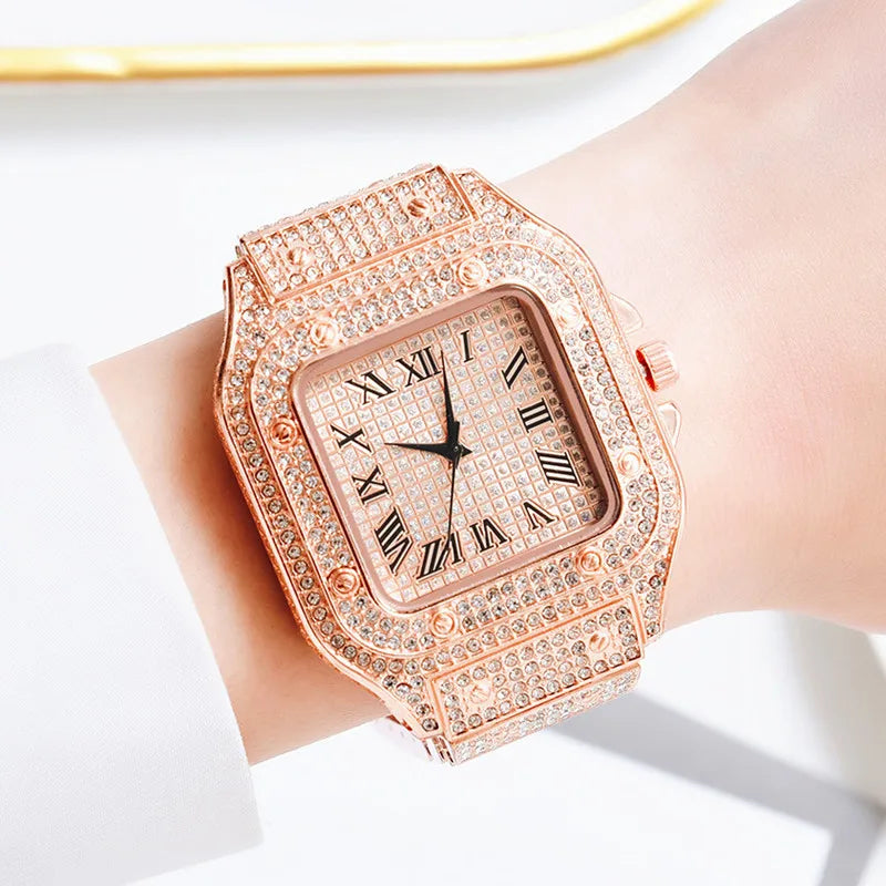 Ice Diamond Quartz Watch Luxury Roman Literal Square Wristwatch⏱️