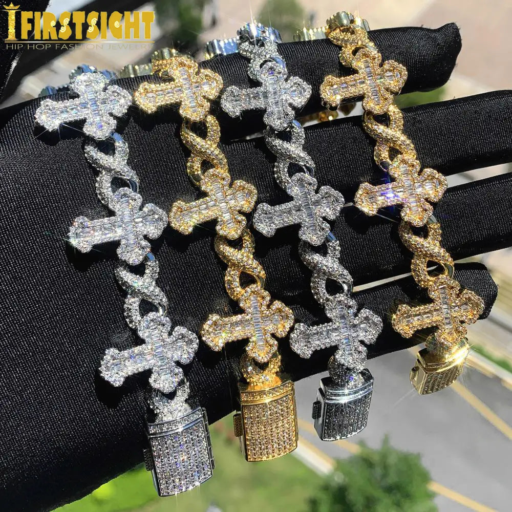 Iced Out Cross Infinity Charm Bracelet Micro Paved Cubic Zirconia Cuban Chain✨