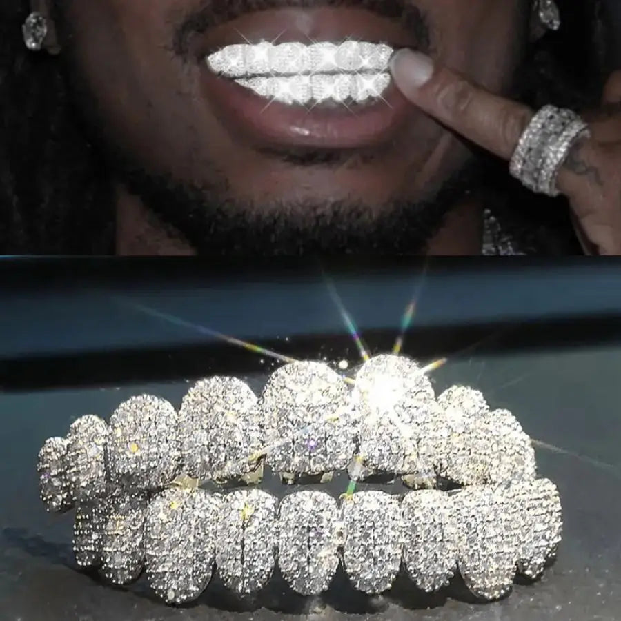 Hip Hop 10/10 Iced Out CZ Stone Teeth Grillz Punk Rapper Cubic Zirconia 💎