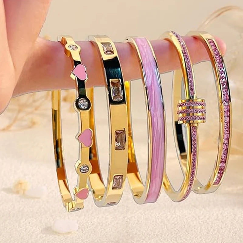 18K Gold Plated Stainless Steel Pink Crystal Love Heart Bracelet Jewelry ✨