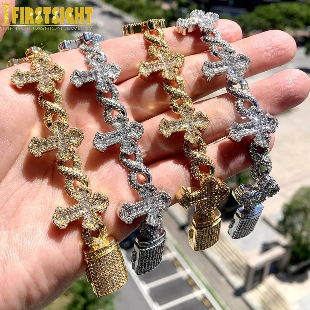Iced Out Cross Infinity Charm Bracelet Micro Paved Cubic Zirconia Cuban Chain✨