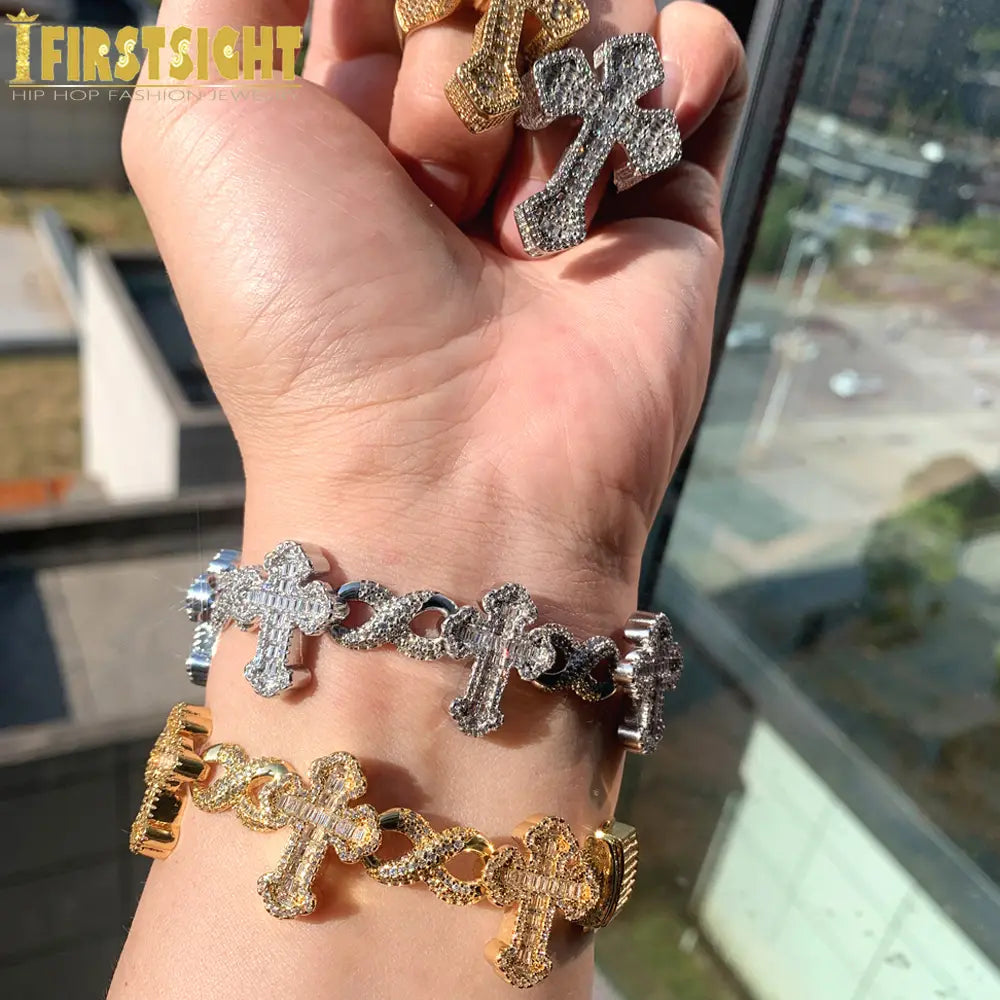 Iced Out Cross Infinity Charm Bracelet Micro Paved Cubic Zirconia Cuban Chain✨