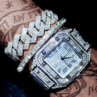 3 pieces set of Diamond Watch With Bracelet Iced Out Golden Wrist Watches Luxury Brand 💎