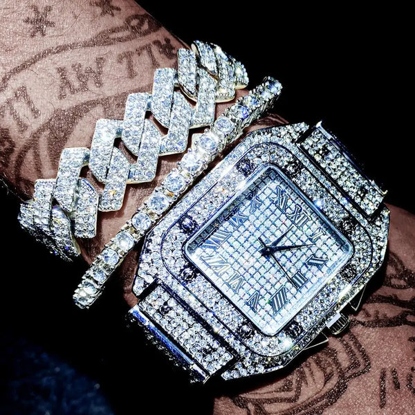 3 pieces set of Diamond Watch With Bracelet Iced Out Golden Wrist Watches Luxury Brand 💎