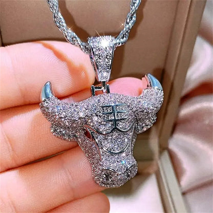 Bull Head Pendant Necklace For Men Hiphop Iced Out Bling Micro ✨