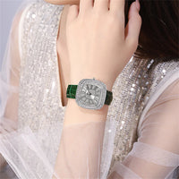 Luxury Square Ladies Full Star Diamonds Quartz Watch Casual Green Leather 💎