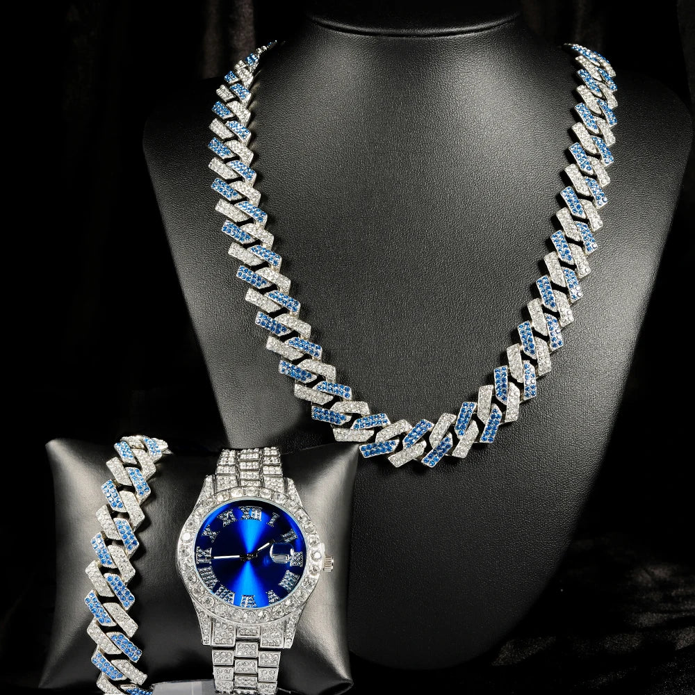 Luxury Watch Jewelry Set Iced Out Punk Blue&Silver Cuban Chain+Bracelet Diamond Watch💎