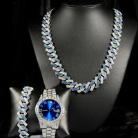 Luxury Watch Jewelry Set Iced Out Punk Blue&Silver Cuban Chain+Bracelet Diamond Watch💎