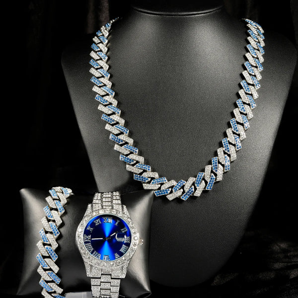 Luxury Watch Jewelry Set Iced Out Punk Blue&Silver Cuban Chain+Bracelet Diamond Watch💎