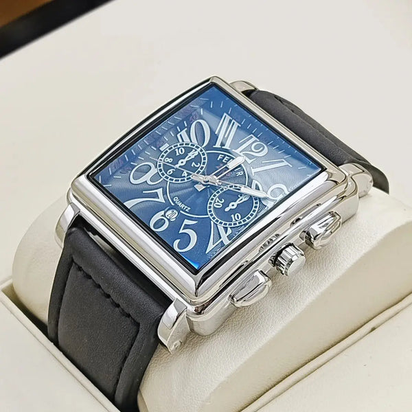 FM Style Square Leather Strap Quartz Watch with Calendar⌚️