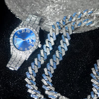 Luxury Watch Jewelry Set Iced Out Punk Blue&Silver Cuban Chain+Bracelet Diamond Watch💎