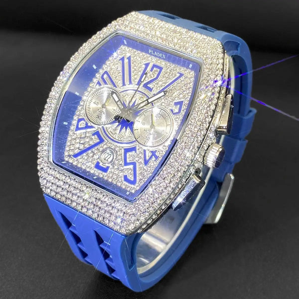 Luxury Iced Out Watches Men Casual Blue Silicone Strap Quartz Wristwatch ⌚️