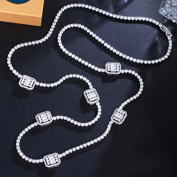 ThreeGraces Shiny Cubic Zirconia Silver Color Long Geometric Sweater Chain Necklace 💎