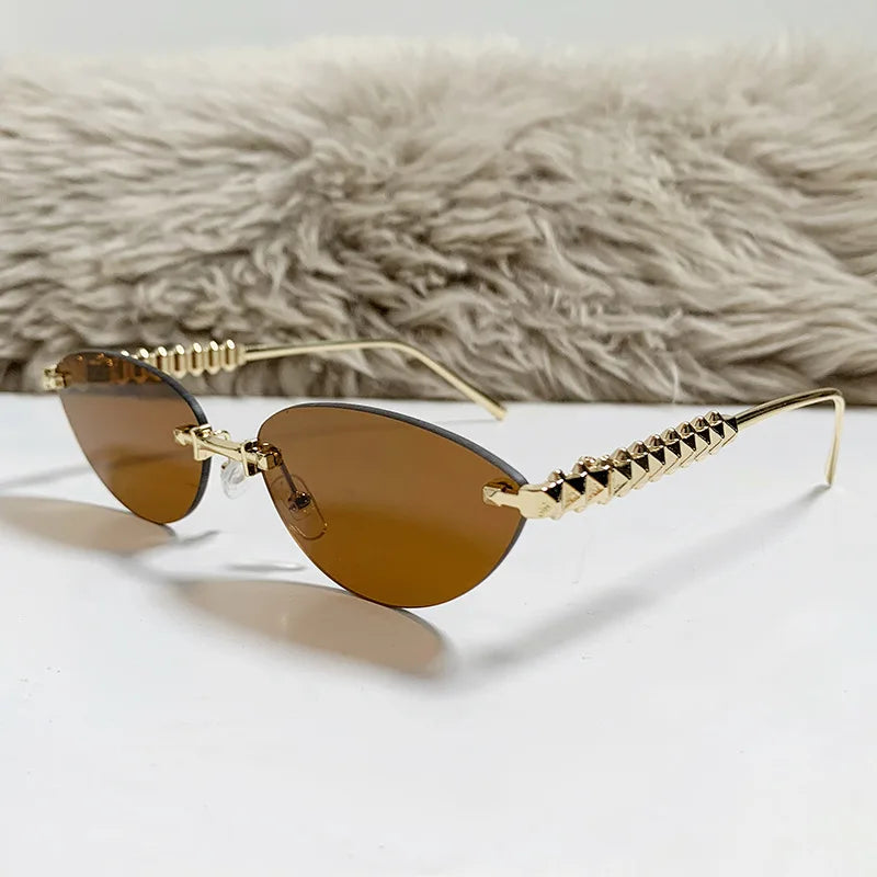 Cat Eye Rivet Rimless Sunglasses Women Luxury Sun Glasses Shades 🕶️