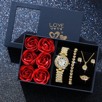 Luxury Diamond Women Gold Watch Bracelet Necklace 6Pcs Set Ladies 💎