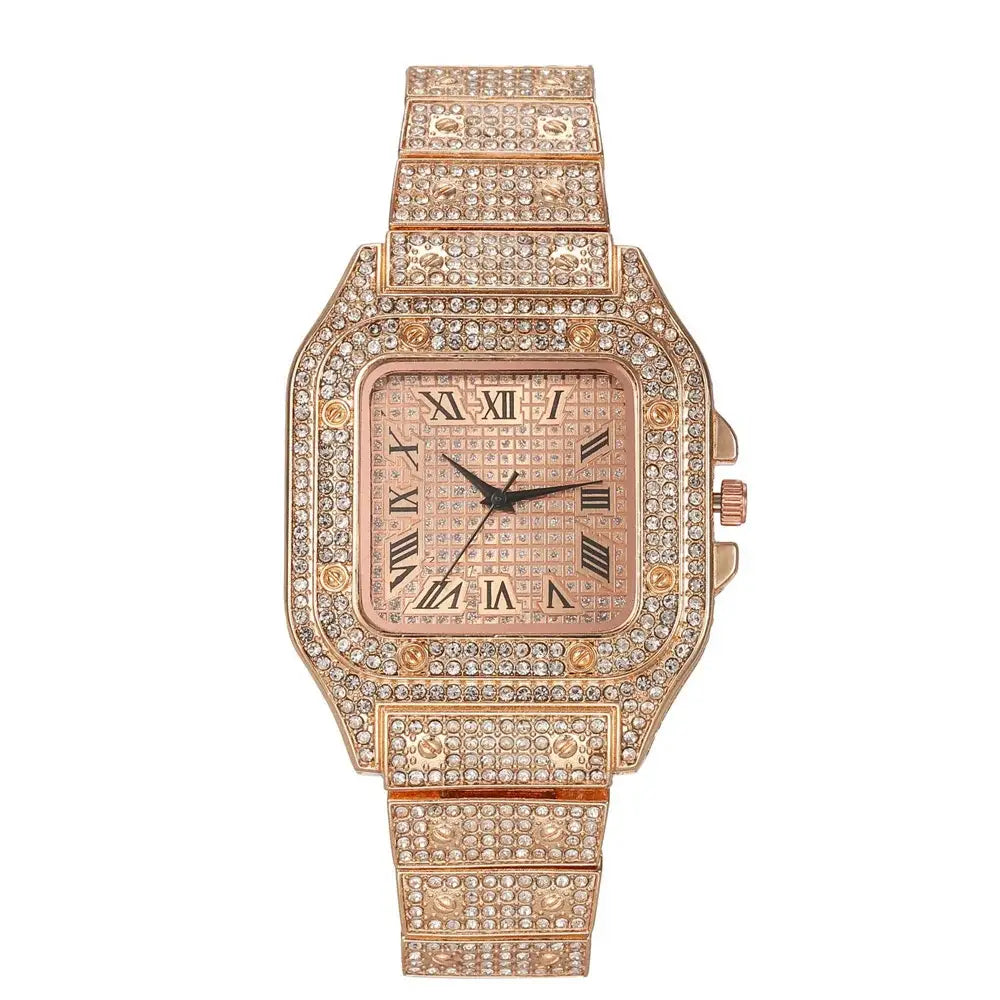 Rose gold iced out square watch
