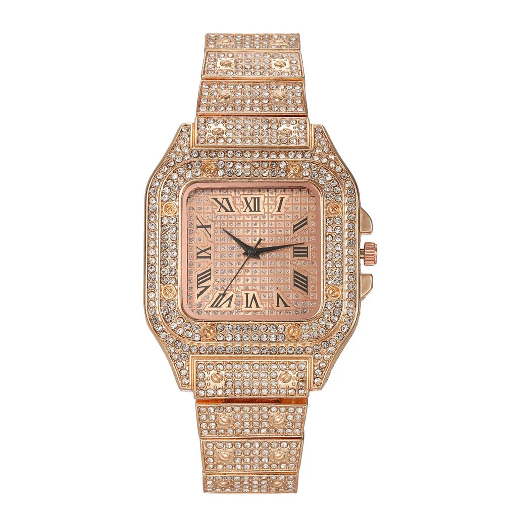 Rose gold iced out square watch