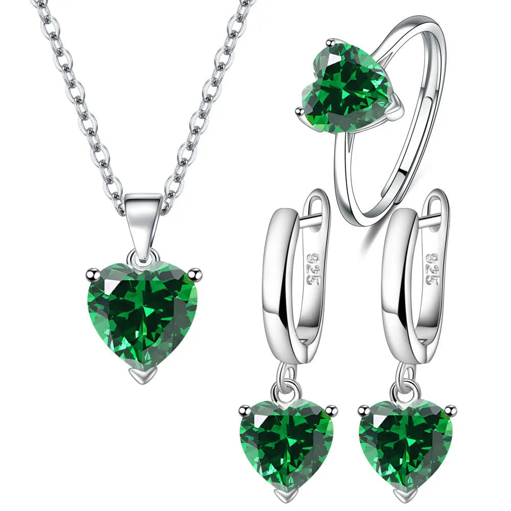 925 Sterling Silver Jewelry Sets For Women Heart Zircon Ring Earrings Necklace ✨