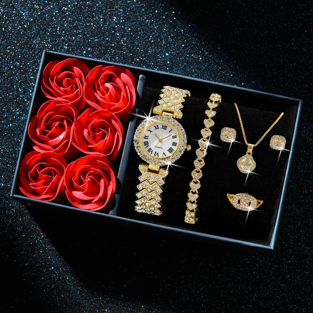 Luxury Diamond Women Gold Watch Bracelet Necklace 6Pcs Set Ladies 💎