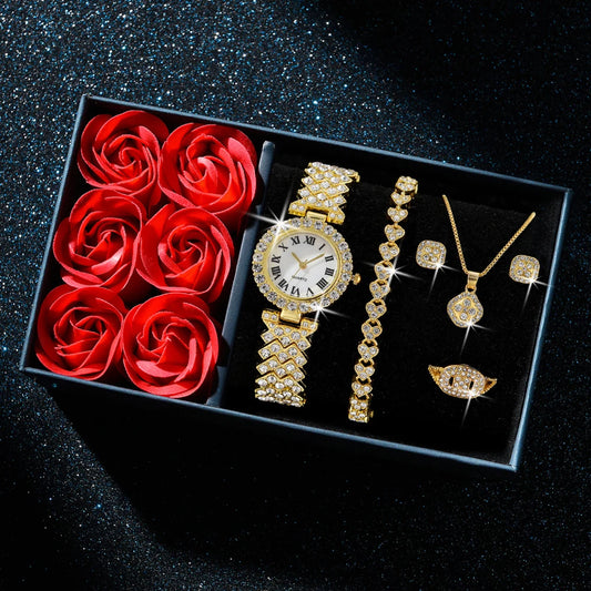 Luxury Diamond Women Gold Watch Bracelet Necklace 6Pcs Set Ladies 💎