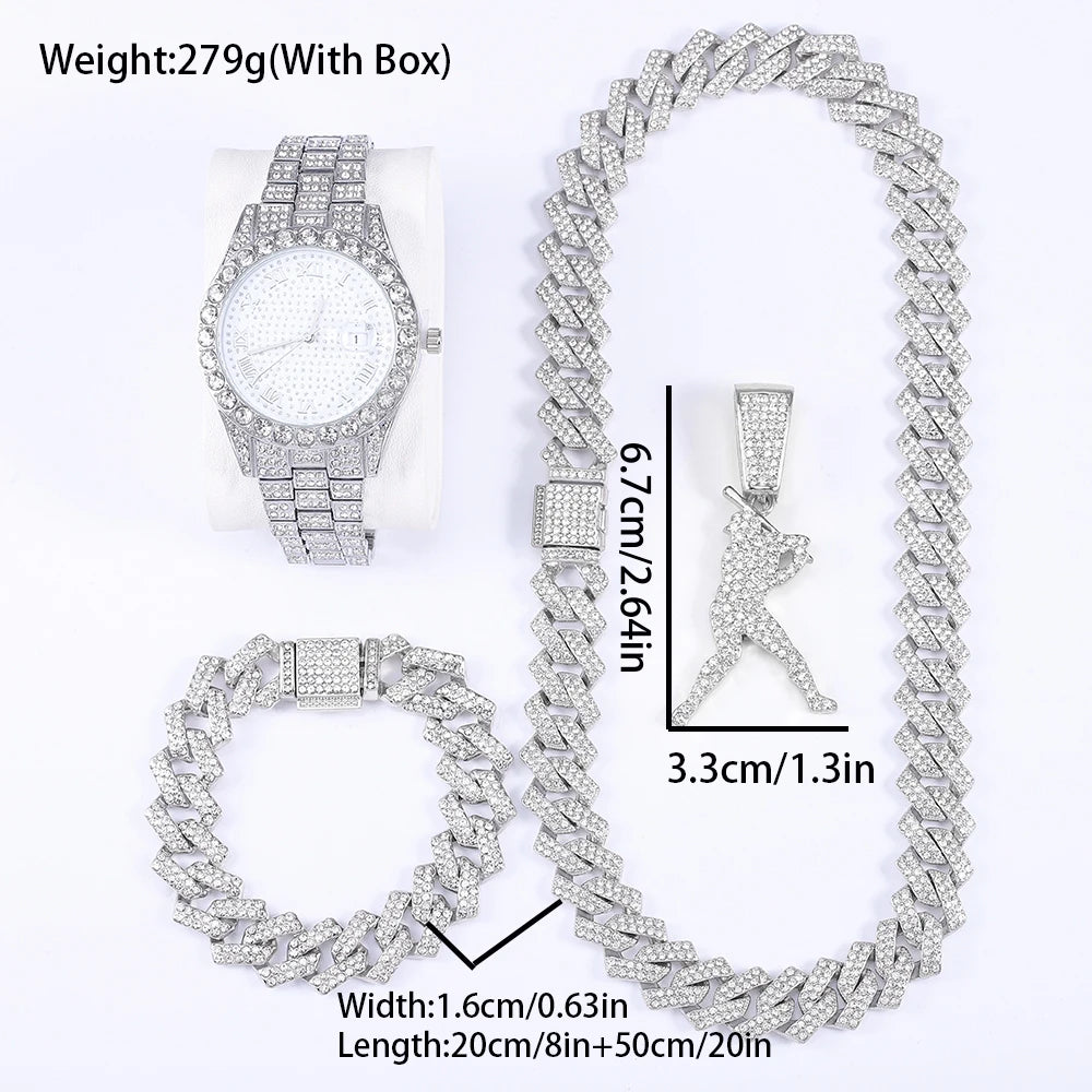 Hiphop Baseball Star Shape Pendant With Necklace Bracelet Exquisite Watch 4PCS 💎