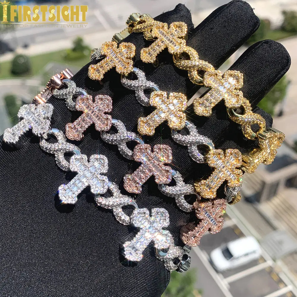 Iced Out Cross Infinity Charm Bracelet Micro Paved Cubic Zirconia Cuban Chain✨