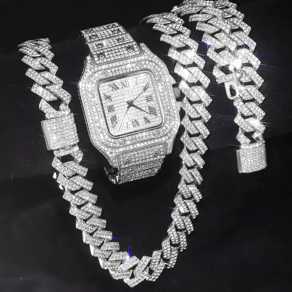 Diamond Watch Set Square Watch+Cuban Chain+Bracelet 💎