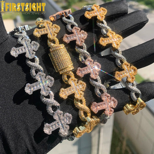 Iced Out Cross Infinity Charm Bracelet Micro Paved Cubic Zirconia Cuban Chain✨