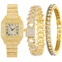 3 pieces set of Diamond Watch With Bracelet Iced Out Golden Wrist Watches Luxury Brand 💎