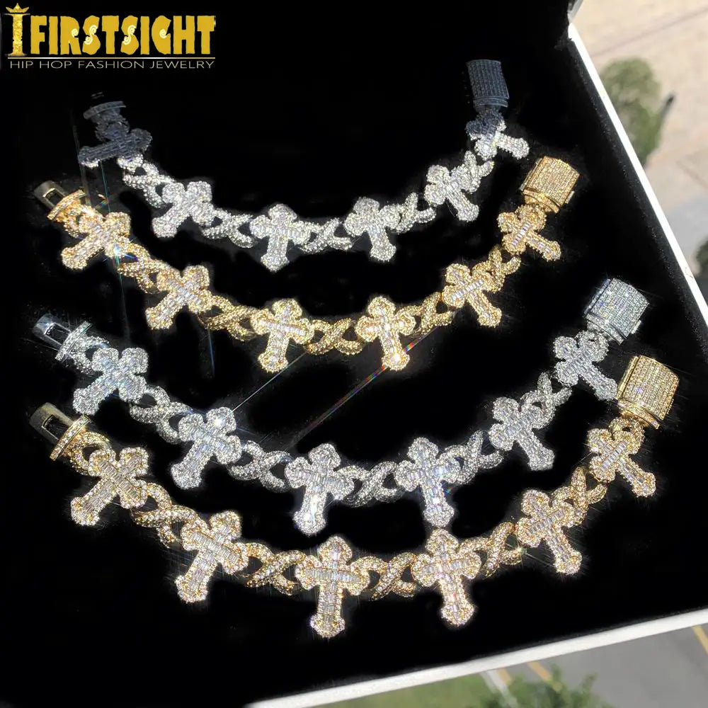 Iced Out Cross Infinity Charm Bracelet Micro Paved Cubic Zirconia Cuban Chain✨