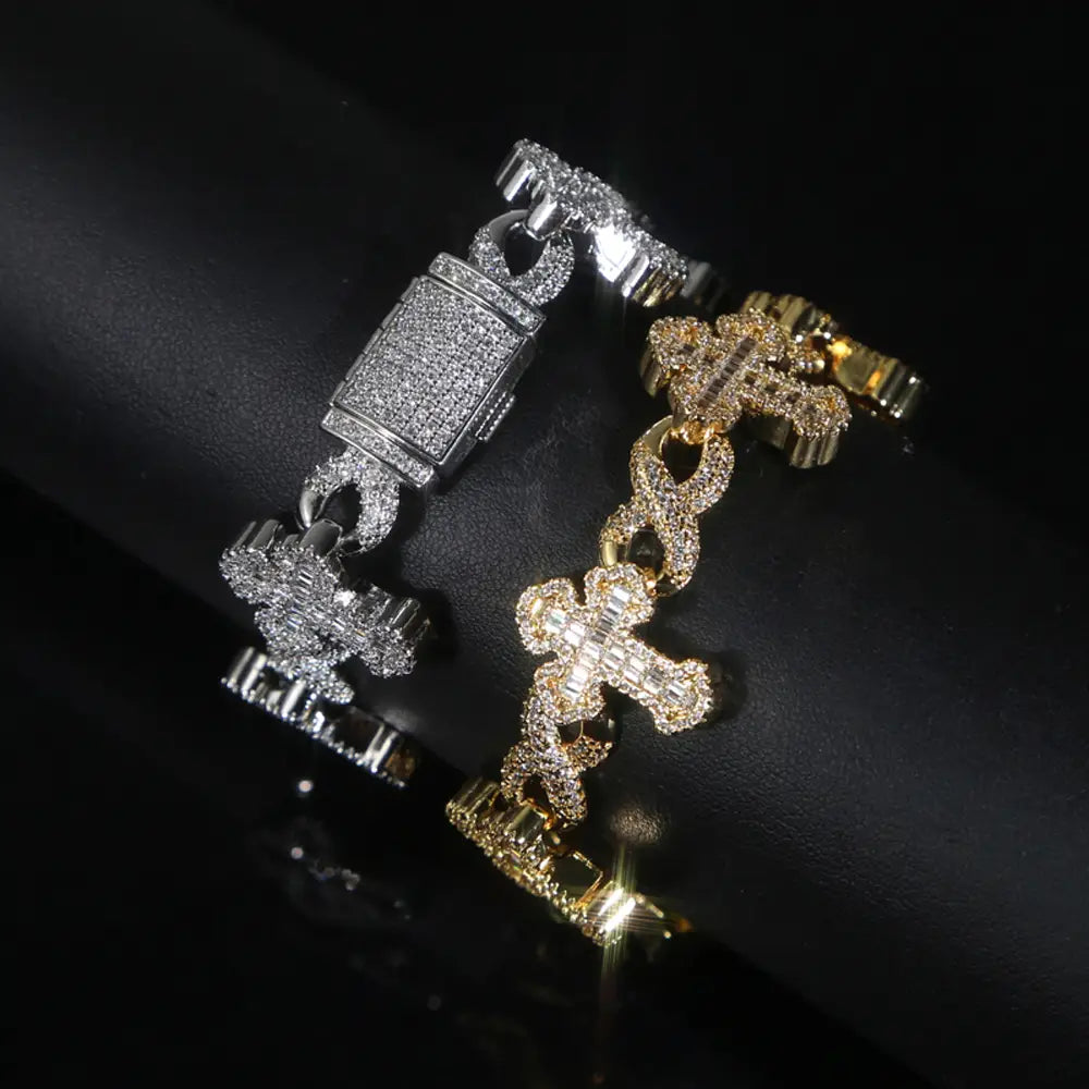 Iced Out Cross Infinity Charm Bracelet Micro Paved Cubic Zirconia Cuban Chain✨