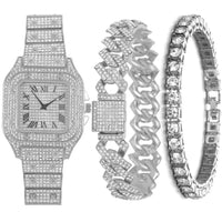 3 pieces set of Diamond Watch With Bracelet Iced Out Golden Wrist Watches Luxury Brand 💎