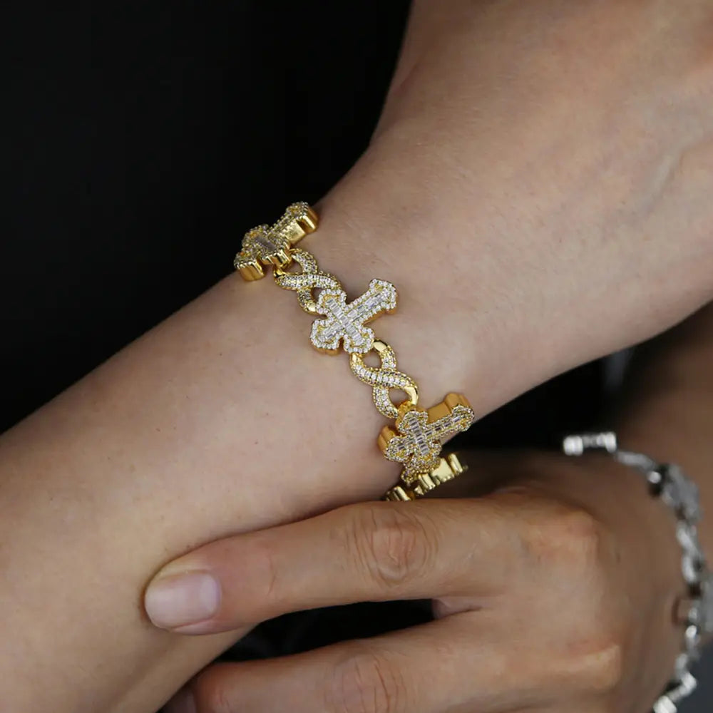 Iced Out Cross Infinity Charm Bracelet Micro Paved Cubic Zirconia Cuban Chain✨
