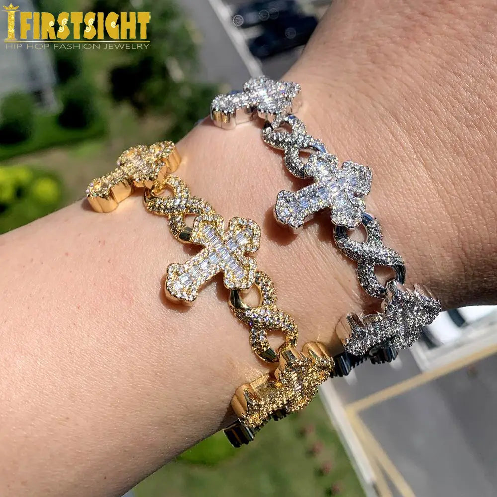 Iced Out Cross Infinity Charm Bracelet Micro Paved Cubic Zirconia Cuban Chain✨