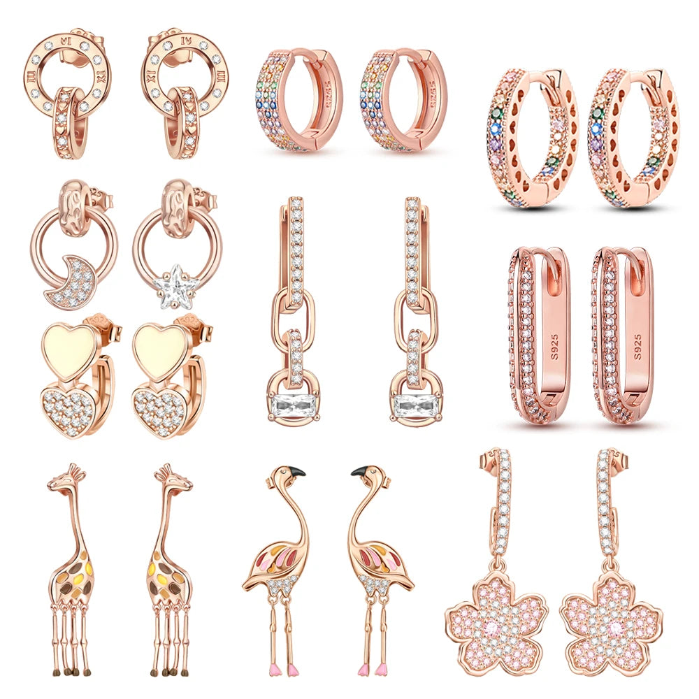 Rose Gold Series 925 Sterling Silver Flamingo Giraffe Star and Moon Flower Earrings ✨